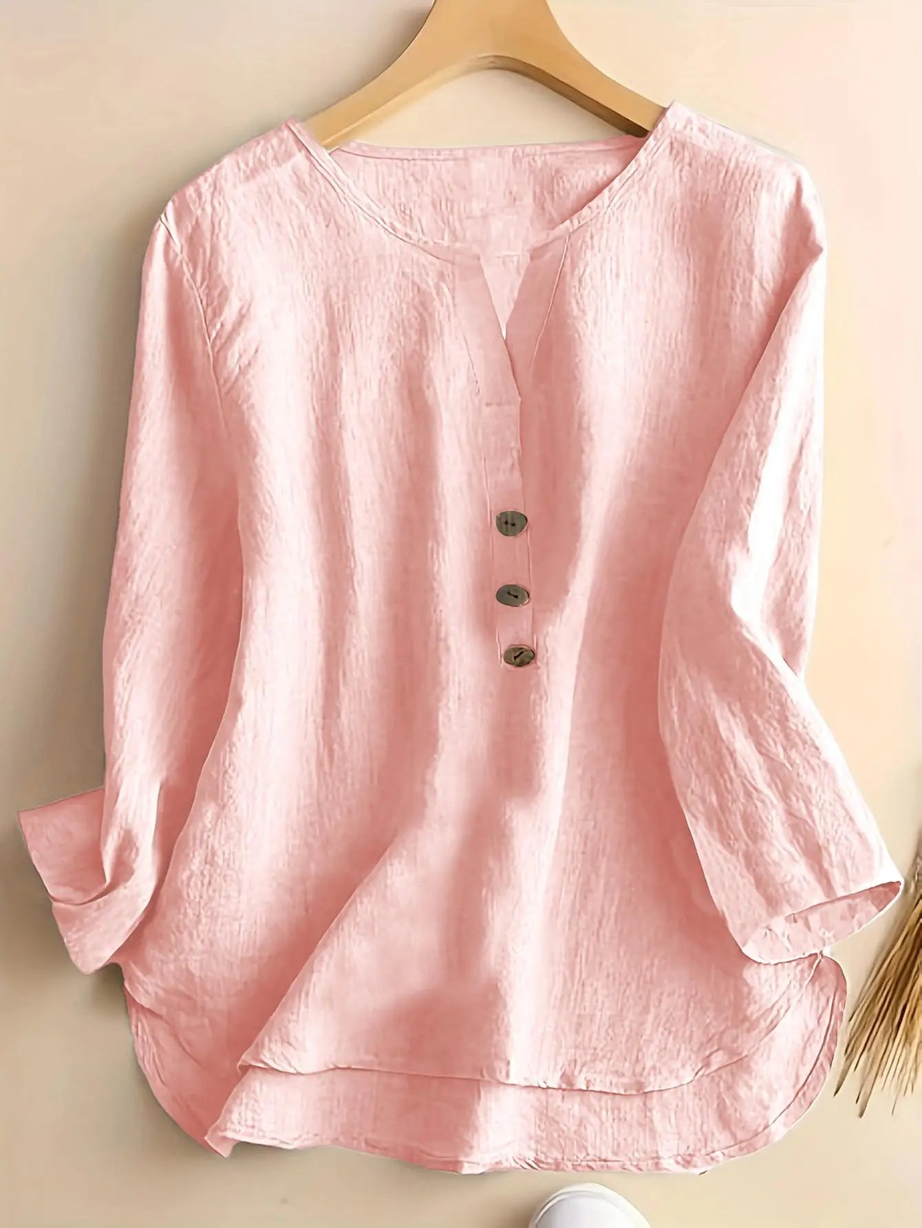 Women's Three Quarter Sleeve T-Shirt V Neck Button Up Basic Solid Color Pullover Shirt Loose