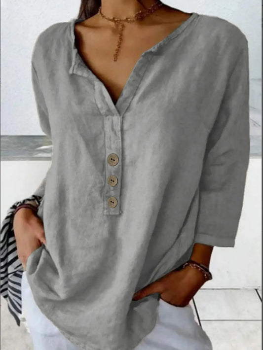 Women's Three Quarter Sleeve T-Shirt V Neck Button Up Basic Solid Color Pullover Shirt Loose