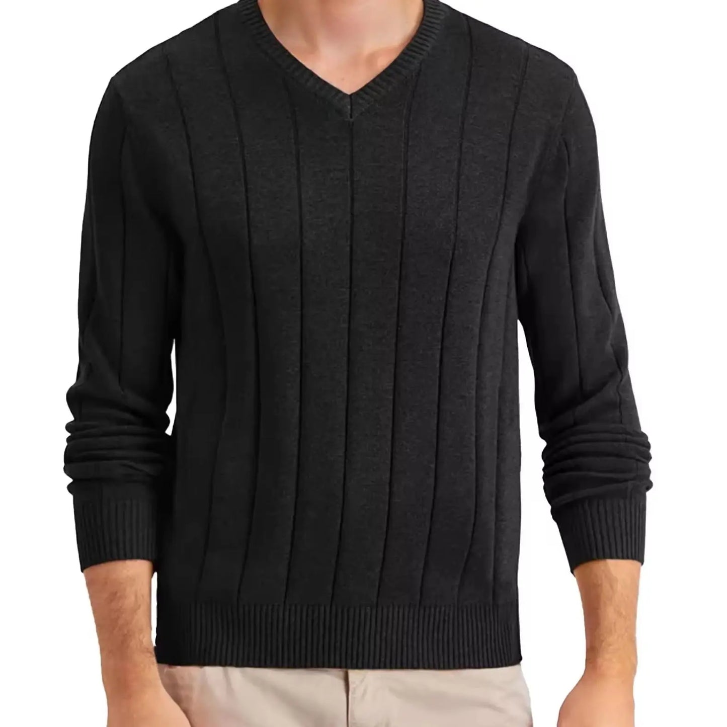 "Men's Fashion V-Neck Wide Stripe Pullover Sweater, Casual and Comfortable, Ideal for Fall and Winter Wear"