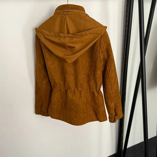 Winter 2025 New Waist Drawstring Waist Long Sleeve Hooded Buckskin Zip-up Jacket