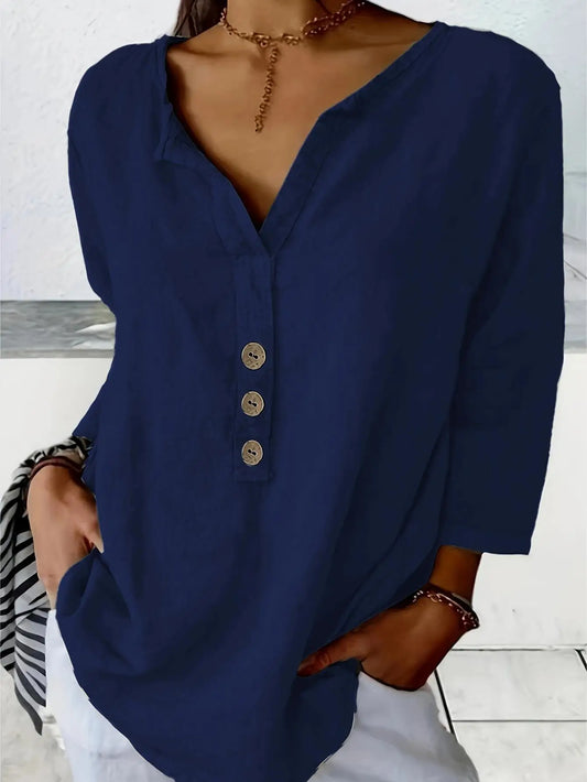 Women's Three Quarter Sleeve T-Shirt V Neck Button Up Basic Solid Color Pullover Shirt Loose
