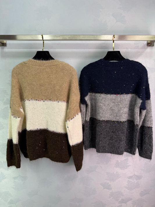 2025 early autumn new women's clothing seahorse hair V-neck striped contrast color long-sleeved pullover sweater graphic tee