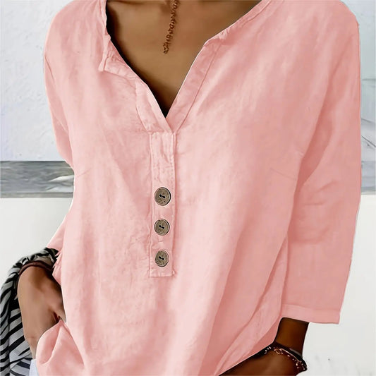 Women's Three Quarter Sleeve T-Shirt V Neck Button Up Basic Solid Color Pullover Shirt Loose