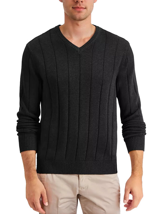 "Men's Fashion V-Neck Wide Stripe Pullover Sweater, Casual and Comfortable, Ideal for Fall and Winter Wear"