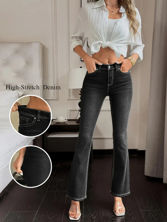Women High Waist Black Flare Jeans Slim Fit Stretch Denim Pants Casual Streetwear Vintage Retro Bootcut Trousers Fashion Outfit