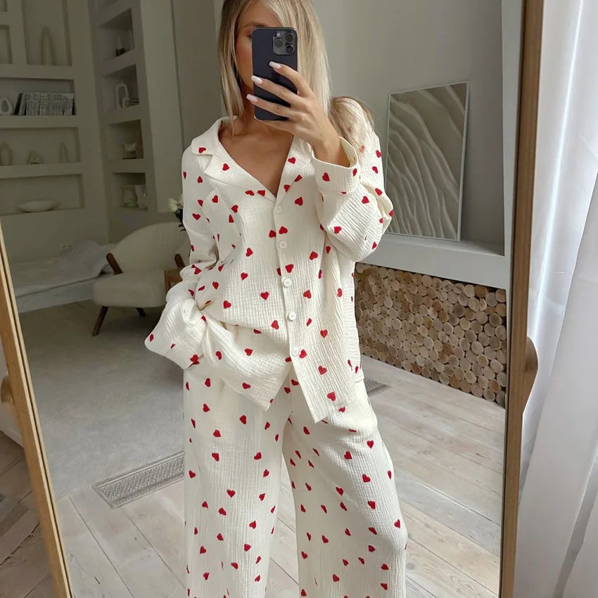 New Love Heart Print Pyjama 100% Cotton Long Sleeve Set 2Pcs Outfit Lapel Sleepwear Button Down Women's Pajamas Nightwear