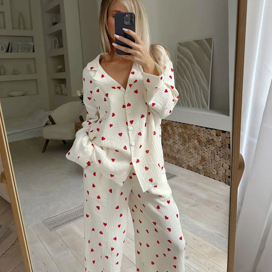 New Love Heart Print Pyjama 100% Cotton Long Sleeve Set 2Pcs Outfit Lapel Sleepwear Button Down Women's Pajamas Nightwear