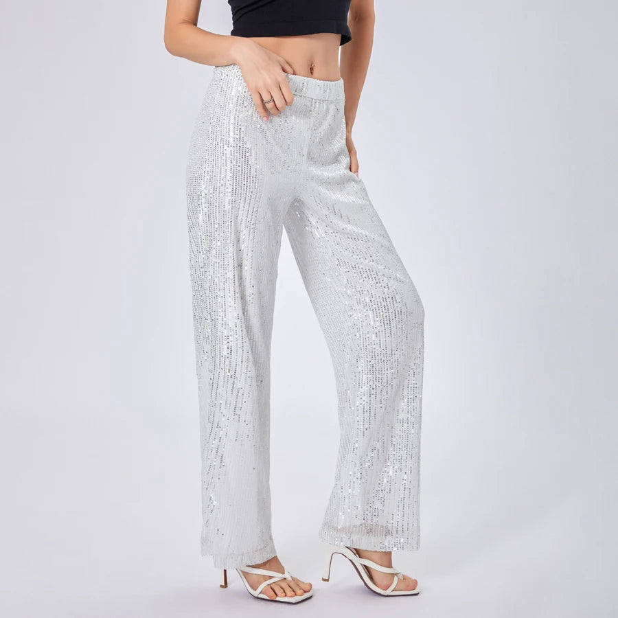 Women Glitter Wide Leg Trousers Sparkly Loose Fit High Waisted Pants for Office Work or Street Style Fashion