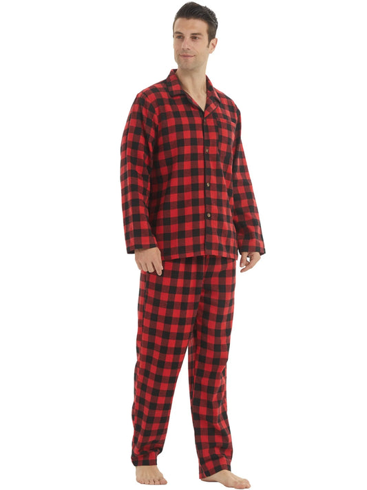 Men's Flannel Pajamas Set Plaid Cotton Button-Down Sleepwear Warm Soft Lounge Pjs for Comfortable Nightwear