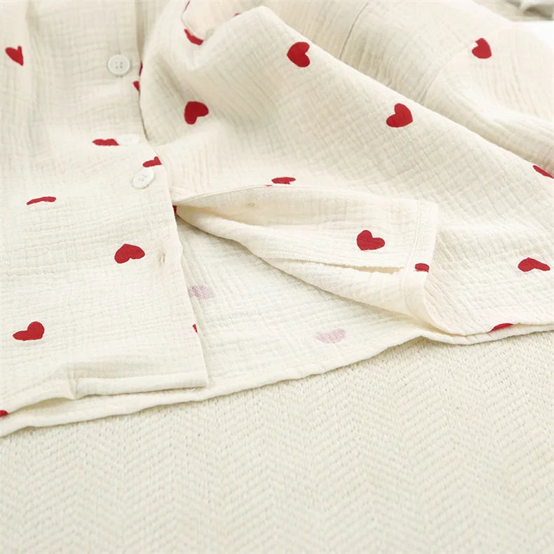 New Love Heart Print Pyjama 100% Cotton Long Sleeve Set 2Pcs Outfit Lapel Sleepwear Button Down Women's Pajamas Nightwear