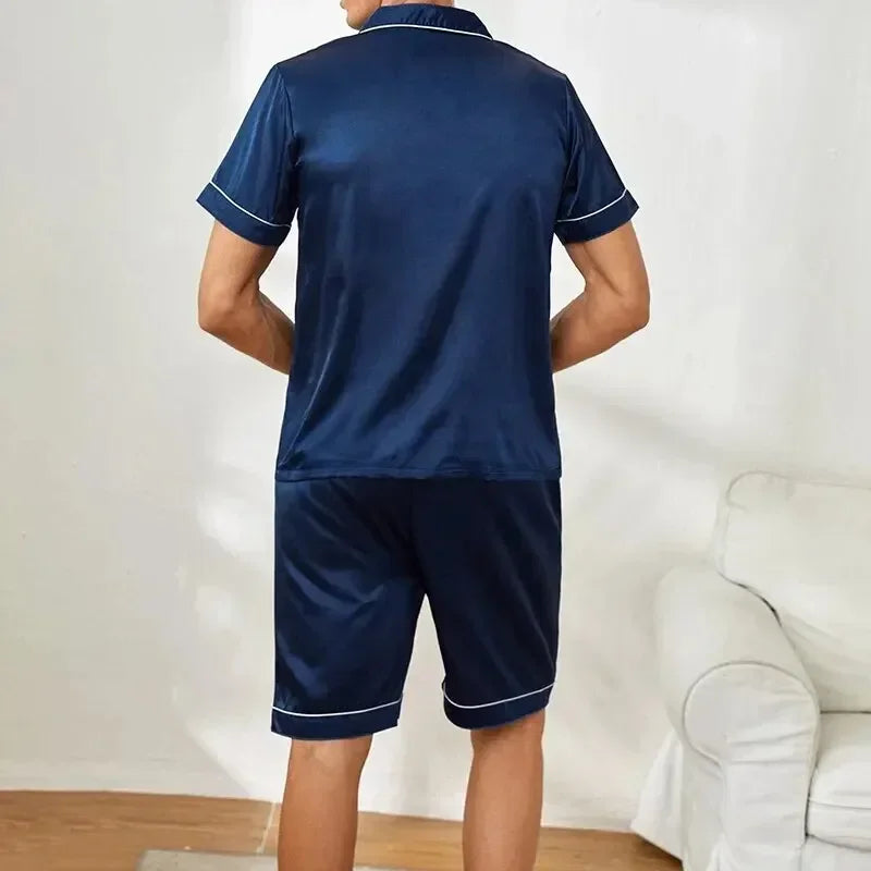 Plus Size Men's Pajama Set Faux Silk Lapel Cardigan Student Homewear Simple Short Sleeve Shorts Set Premium Feeling Solid Colour