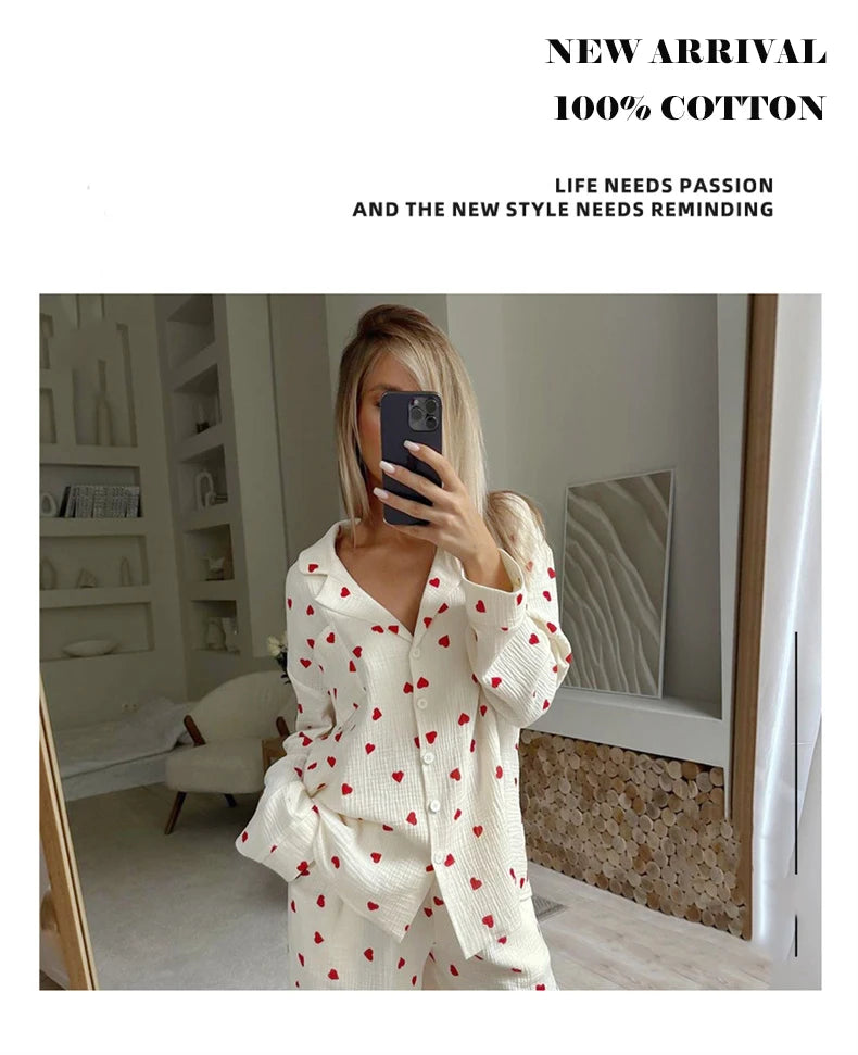 New Love Heart Print Pyjama 100% Cotton Long Sleeve Set 2Pcs Outfit Lapel Sleepwear Button Down Women's Pajamas Nightwear