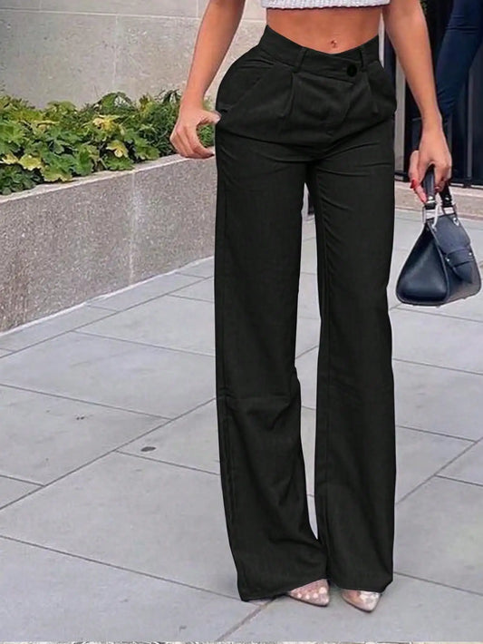 Hot Sale 2024 Women's Straight Leg Trousers Crossover High Waist Work Pants Casual Office Wear with Pocketsl