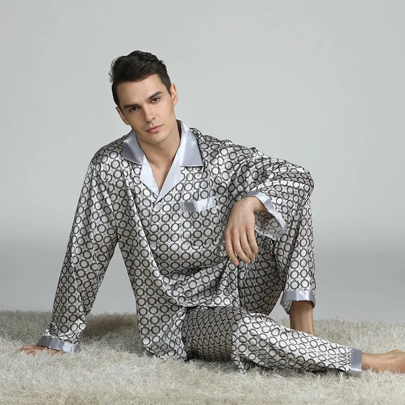 Men's Pyjamas Spring Soft Cozy Long Sleeve Sleepwear Set Thin Ice Silk Satin Nightwear Suit Male Top Pants Home Clothing Pajamas