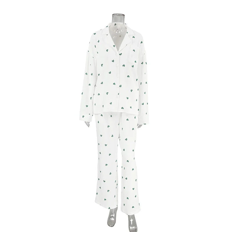 New Love Heart Print Pyjama 100% Cotton Long Sleeve Set 2Pcs Outfit Lapel Sleepwear Button Down Women's Pajamas Nightwear