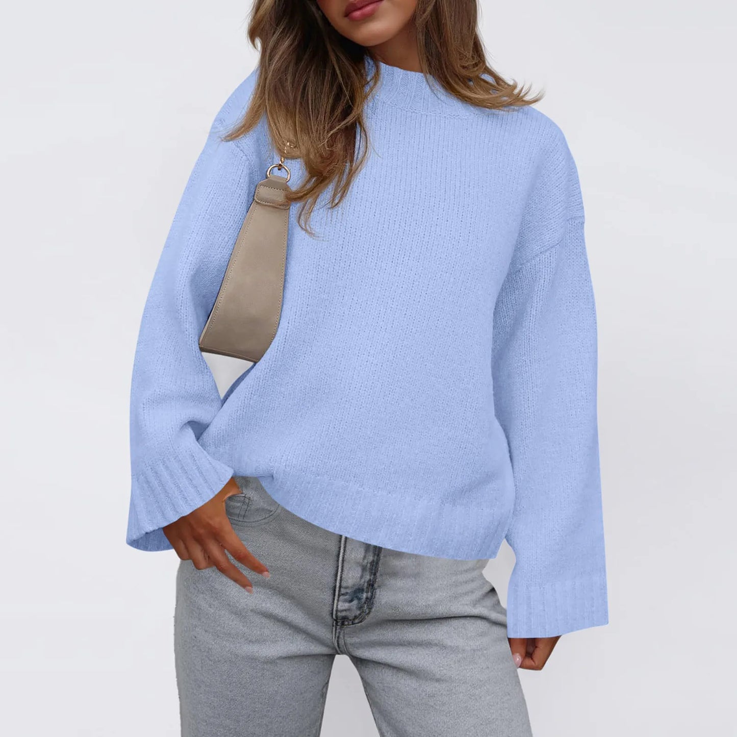 Womens Loose Round Neck Solid Color Bell Sleeve Long Sleeve Knitted Sweater Top Ropa De Mujer Sweater De Mujer Pull Femme