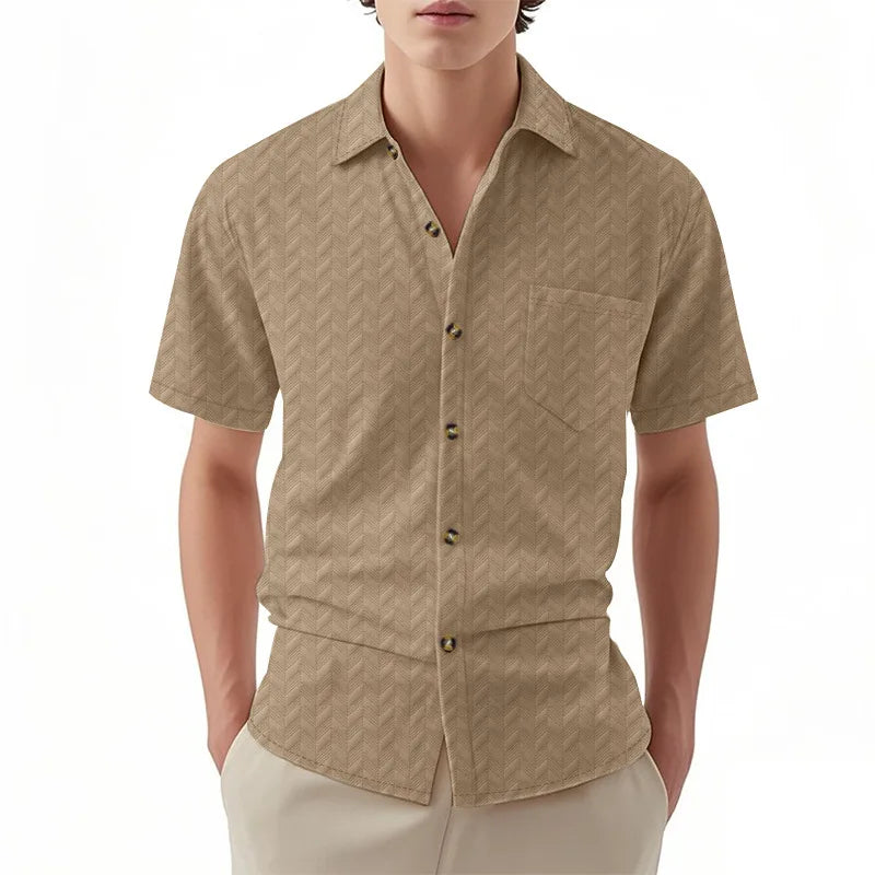 Men s Casual Short Sleeve Button Down Shirt with Turn-down Collar Solid Color Summer Top for Daily Wear and Outings