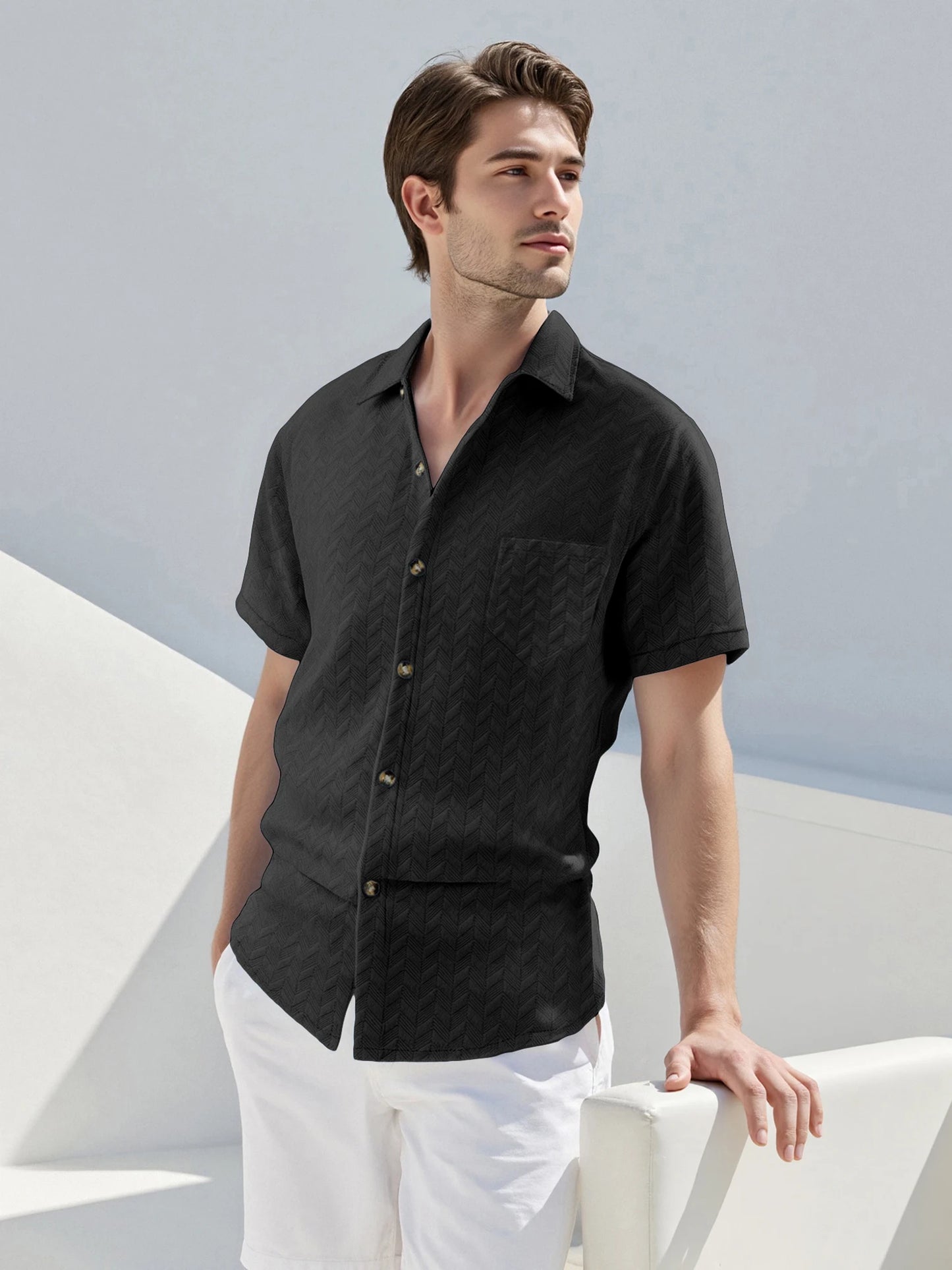 Men s Casual Short Sleeve Button Down Shirt with Turn-down Collar Solid Color Summer Top for Daily Wear and Outings
