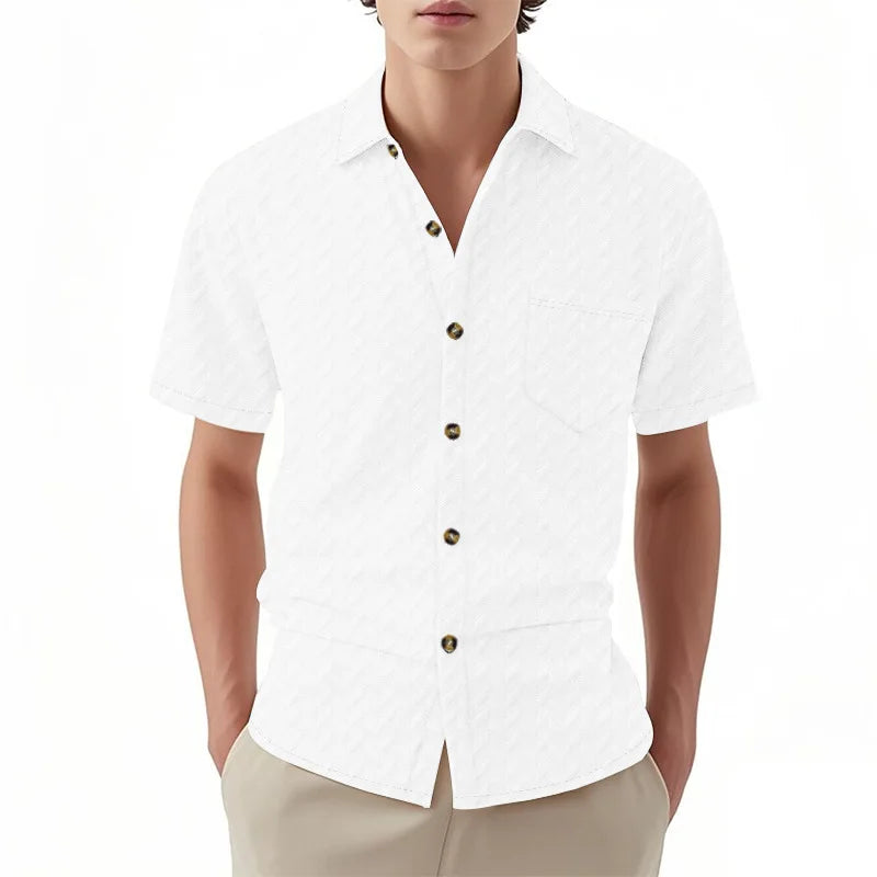 Men s Casual Short Sleeve Button Down Shirt with Turn-down Collar Solid Color Summer Top for Daily Wear and Outings