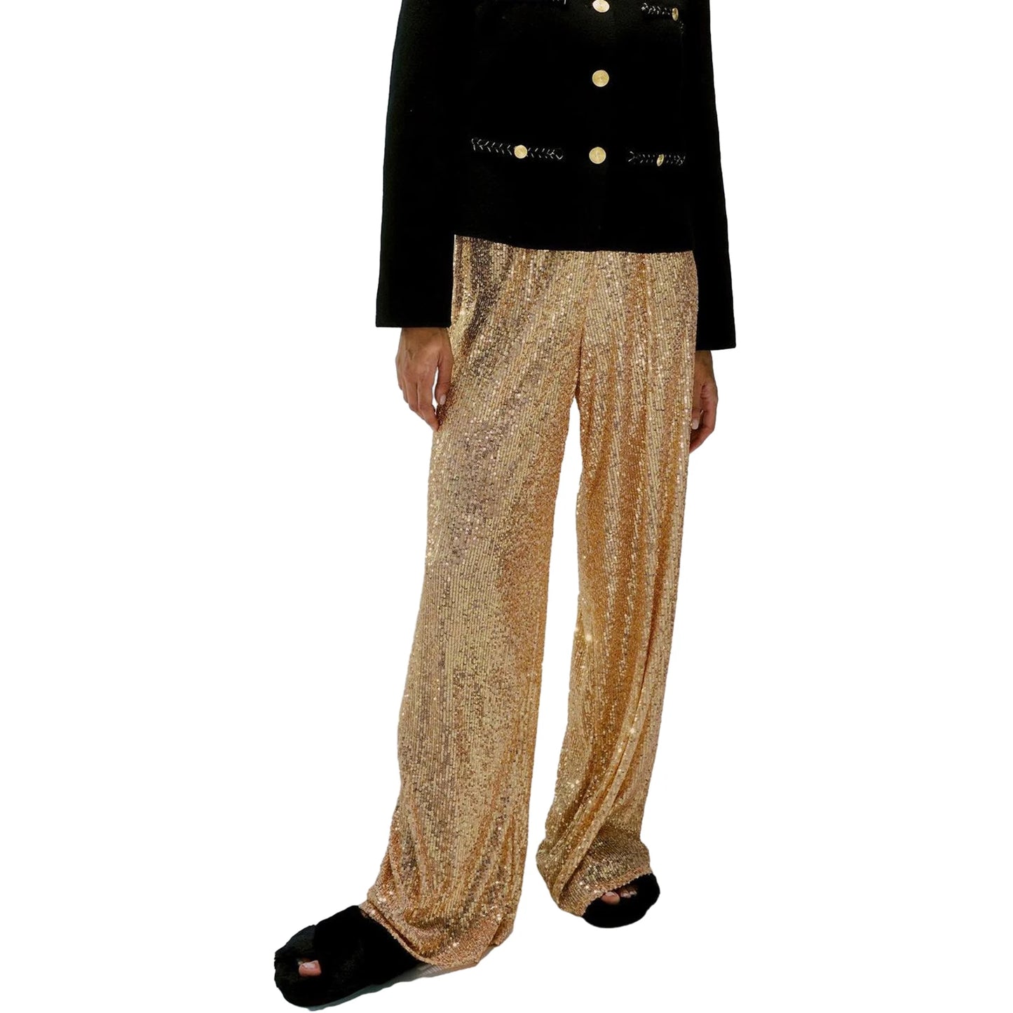 Women Glitter Wide Leg Trousers Sparkly Loose Fit High Waisted Pants for Office Work or Street Style Fashion