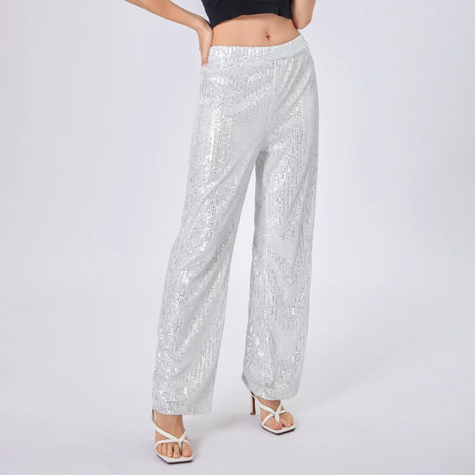 Women Glitter Wide Leg Trousers Sparkly Loose Fit High Waisted Pants for Office Work or Street Style Fashion