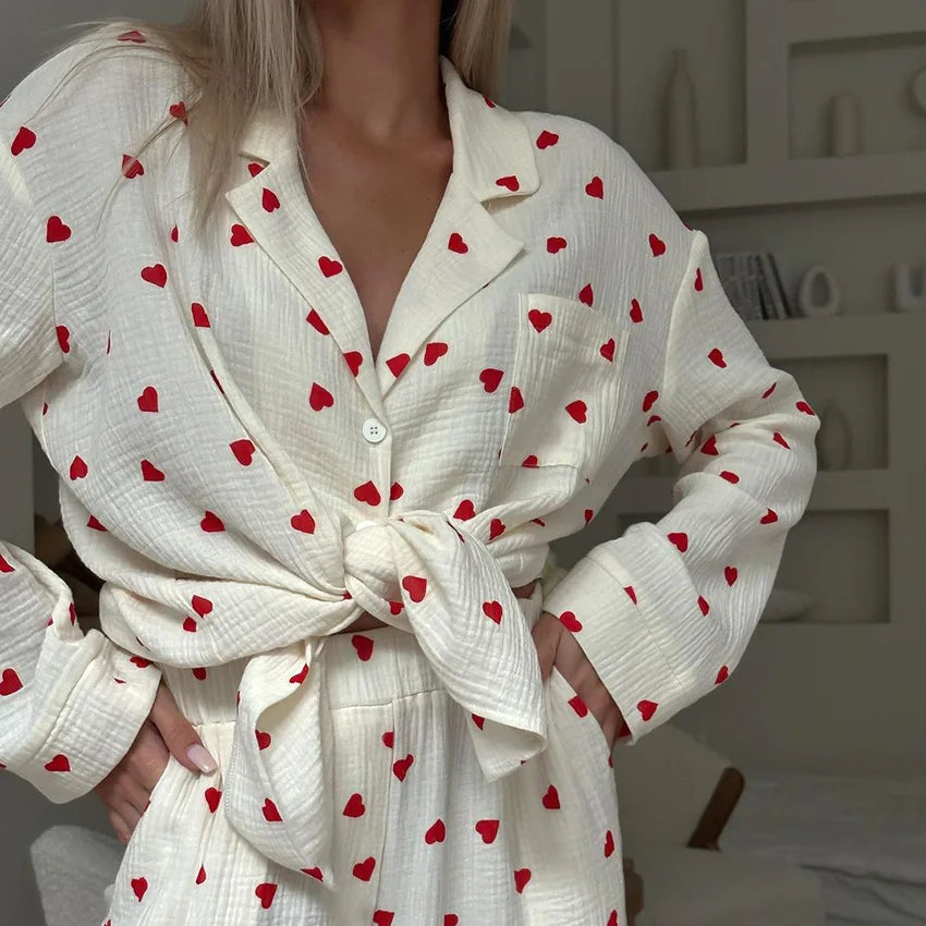 New Love Heart Print Pyjama 100% Cotton Long Sleeve Set 2Pcs Outfit Lapel Sleepwear Button Down Women's Pajamas Nightwear