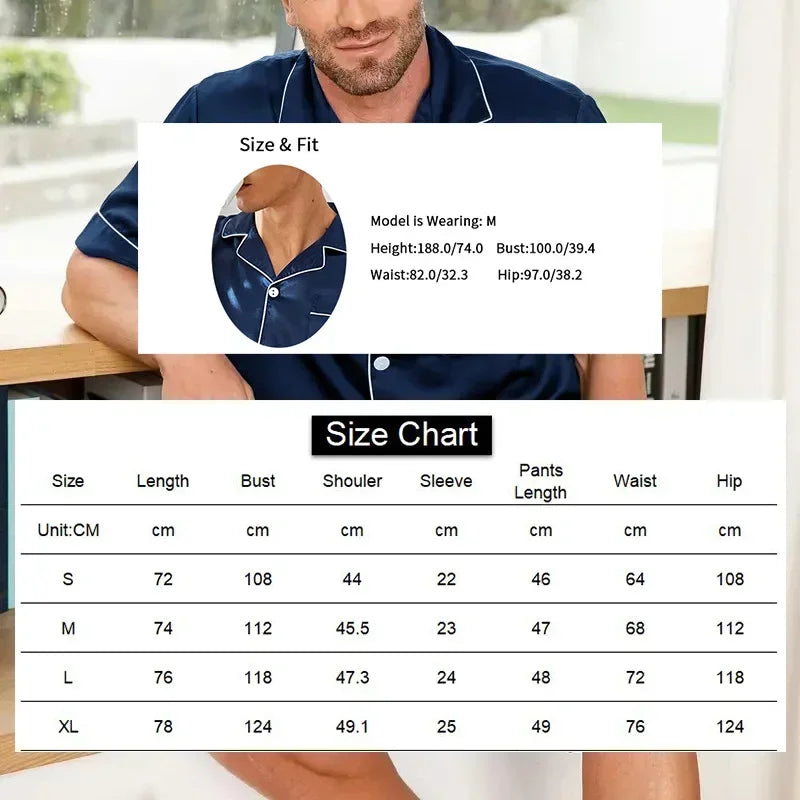 Plus Size Men's Pajama Set Faux Silk Lapel Cardigan Student Homewear Simple Short Sleeve Shorts Set Premium Feeling Solid Colour