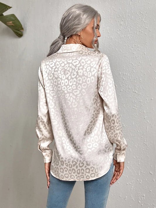 Women Leopard Print Luxury Blouse Spring Summer Long Sleeve Lapen Vintage Button Up Shirt Office Lady Satin Tunics Harajuku Top