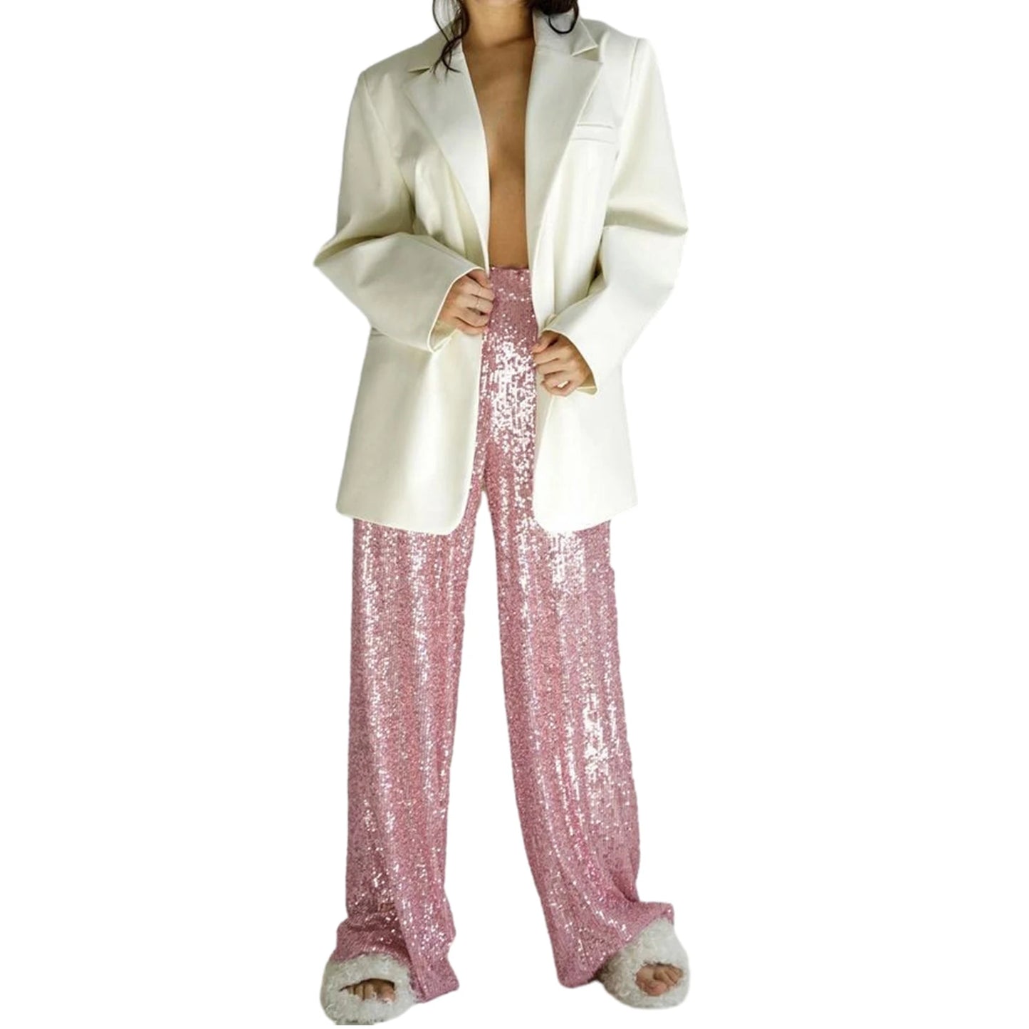 Women Glitter Wide Leg Trousers Sparkly Loose Fit High Waisted Pants for Office Work or Street Style Fashion