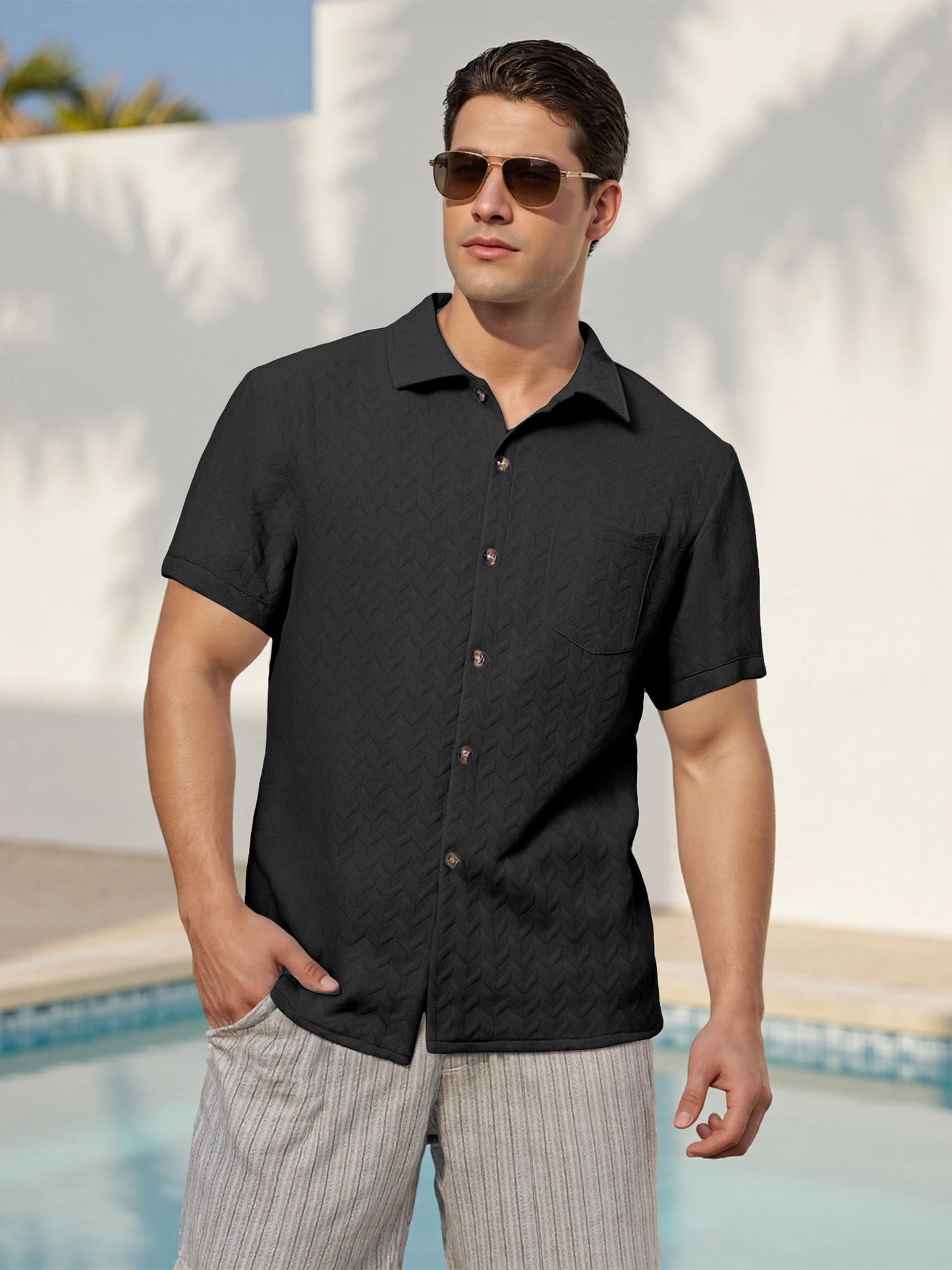 Men s Casual Short Sleeve Button Down Shirt with Turn-down Collar Solid Color Summer Top for Daily Wear and Outings