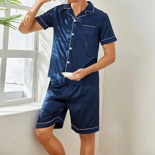 Plus Size Men's Pajama Set Faux Silk Lapel Cardigan Student Homewear Simple Short Sleeve Shorts Set Premium Feeling Solid Colour