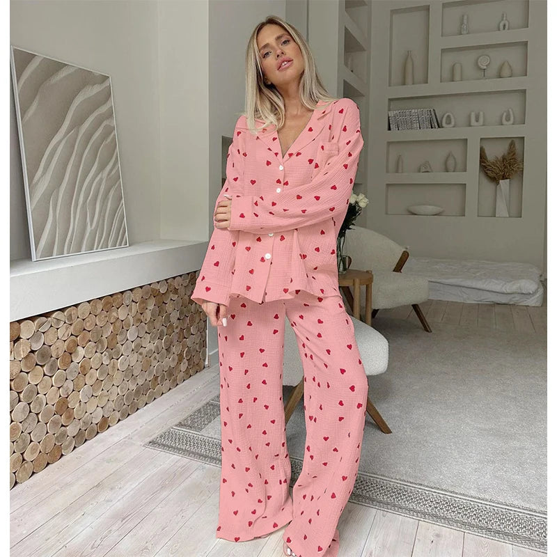 New Love Heart Print Pyjama 100% Cotton Long Sleeve Set 2Pcs Outfit Lapel Sleepwear Button Down Women's Pajamas Nightwear