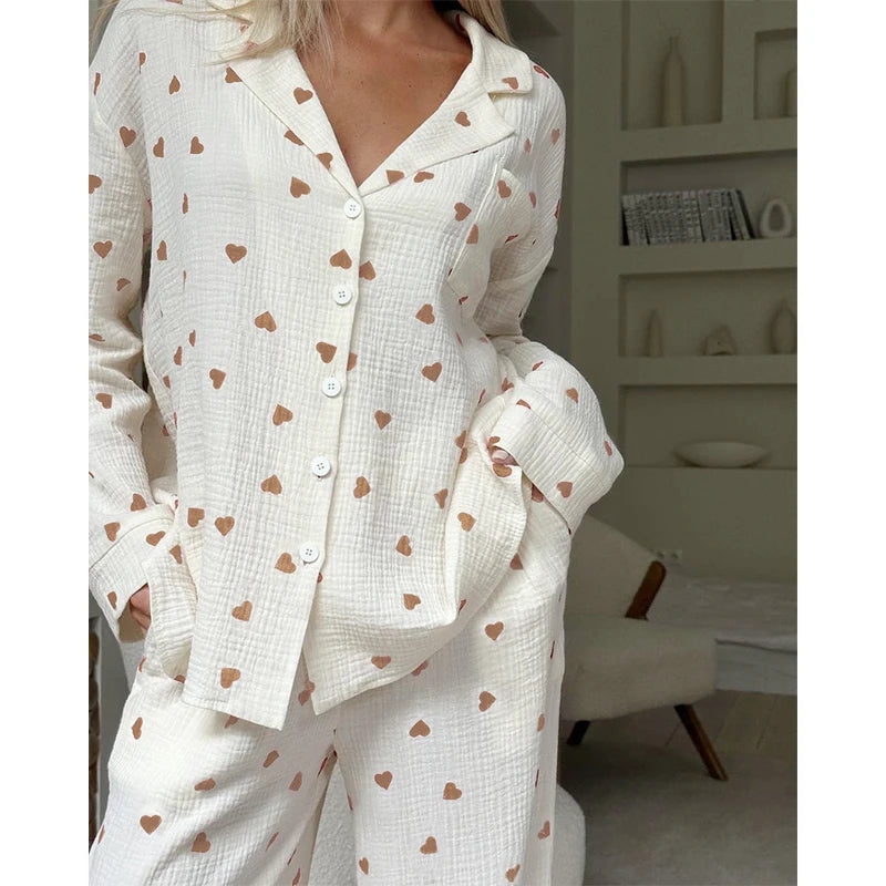 New Love Heart Print Pyjama 100% Cotton Long Sleeve Set 2Pcs Outfit Lapel Sleepwear Button Down Women's Pajamas Nightwear