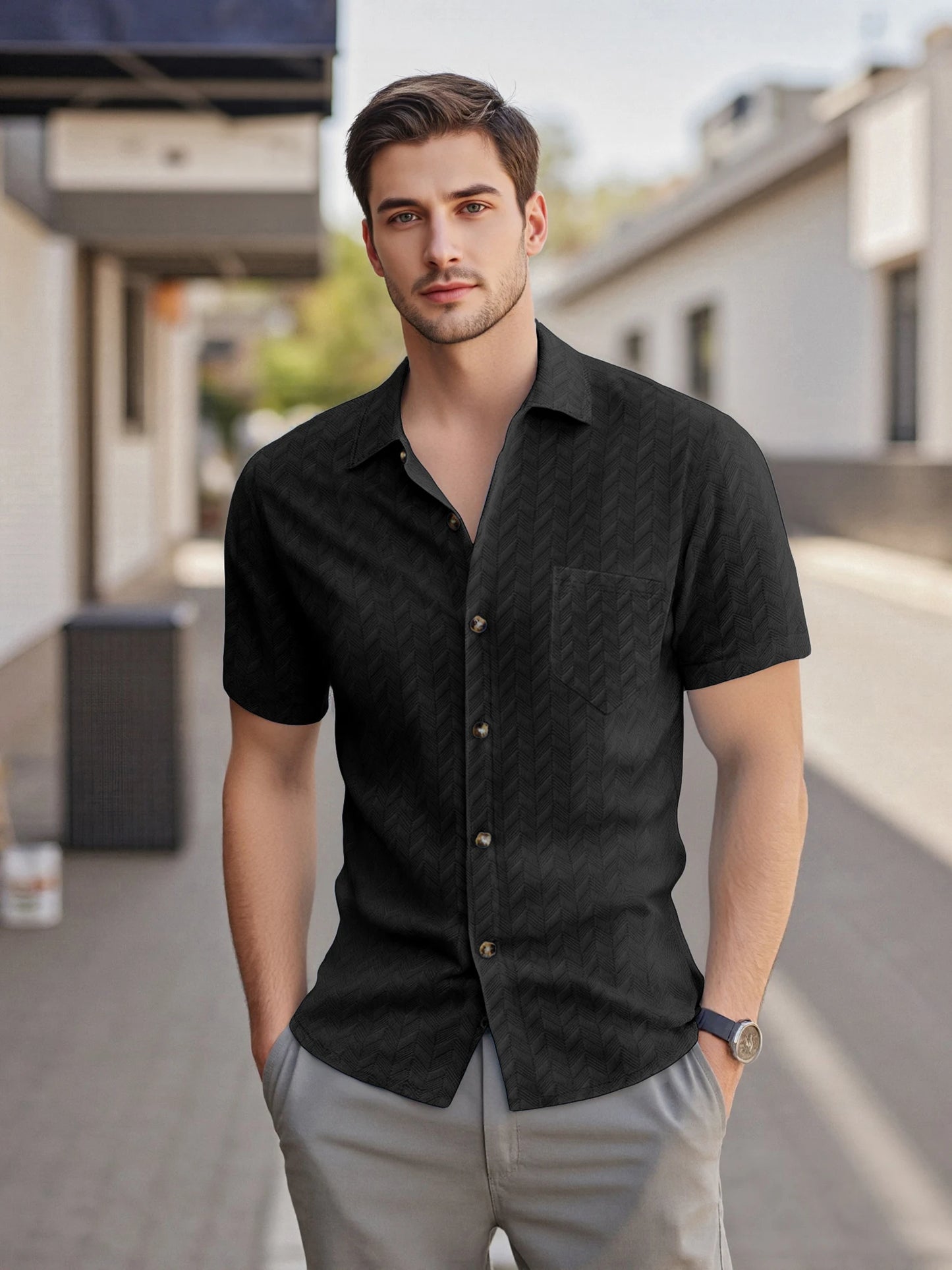 Men s Casual Short Sleeve Button Down Shirt with Turn-down Collar Solid Color Summer Top for Daily Wear and Outings