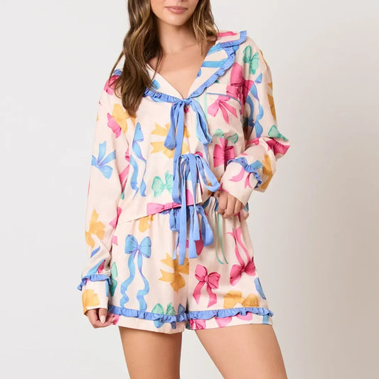 Women Cute Christmas Pajamas Silk Satin 2 Piece Xmas Bow Tie Pjs Long Sleeve Shirts and Ruffle Lounge Shorts Pj Set