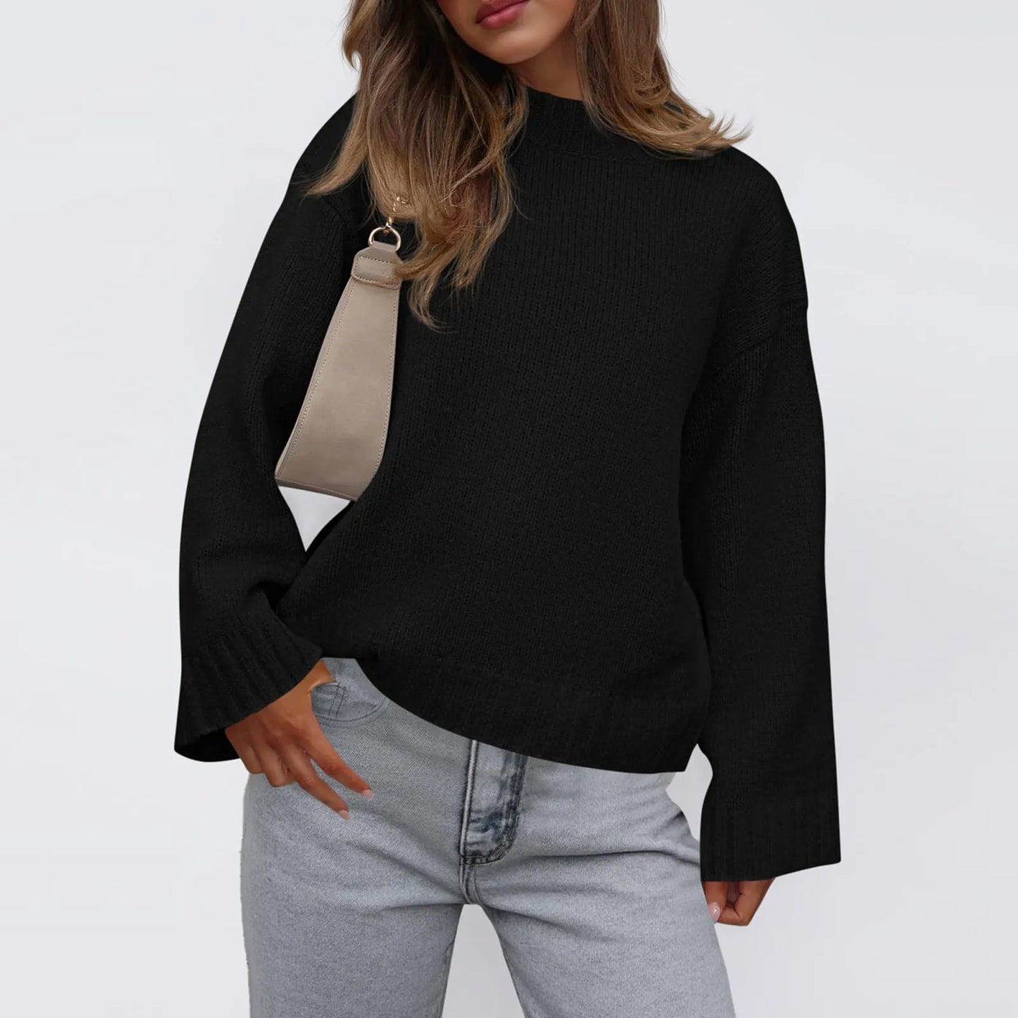 Womens Loose Round Neck Solid Color Bell Sleeve Long Sleeve Knitted Sweater Top Ropa De Mujer Sweater De Mujer Pull Femme