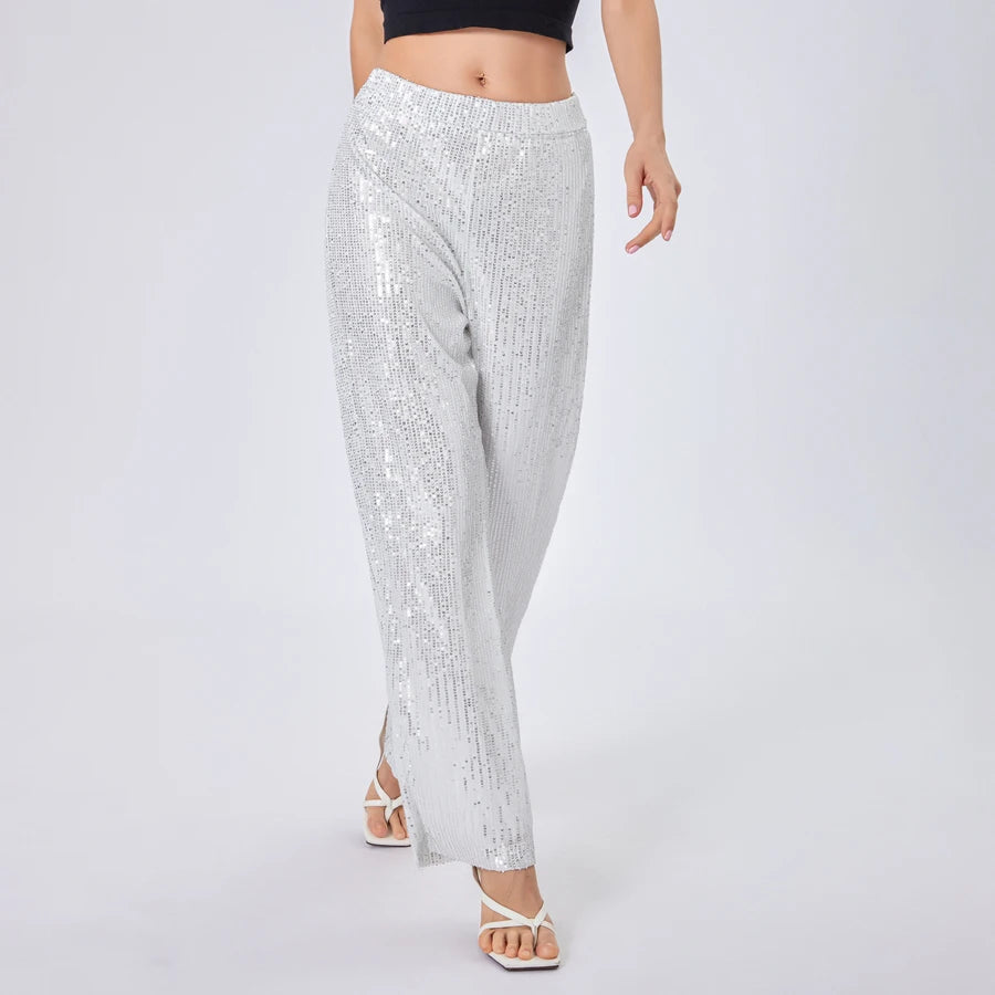 Women Glitter Wide Leg Trousers Sparkly Loose Fit High Waisted Pants for Office Work or Street Style Fashion