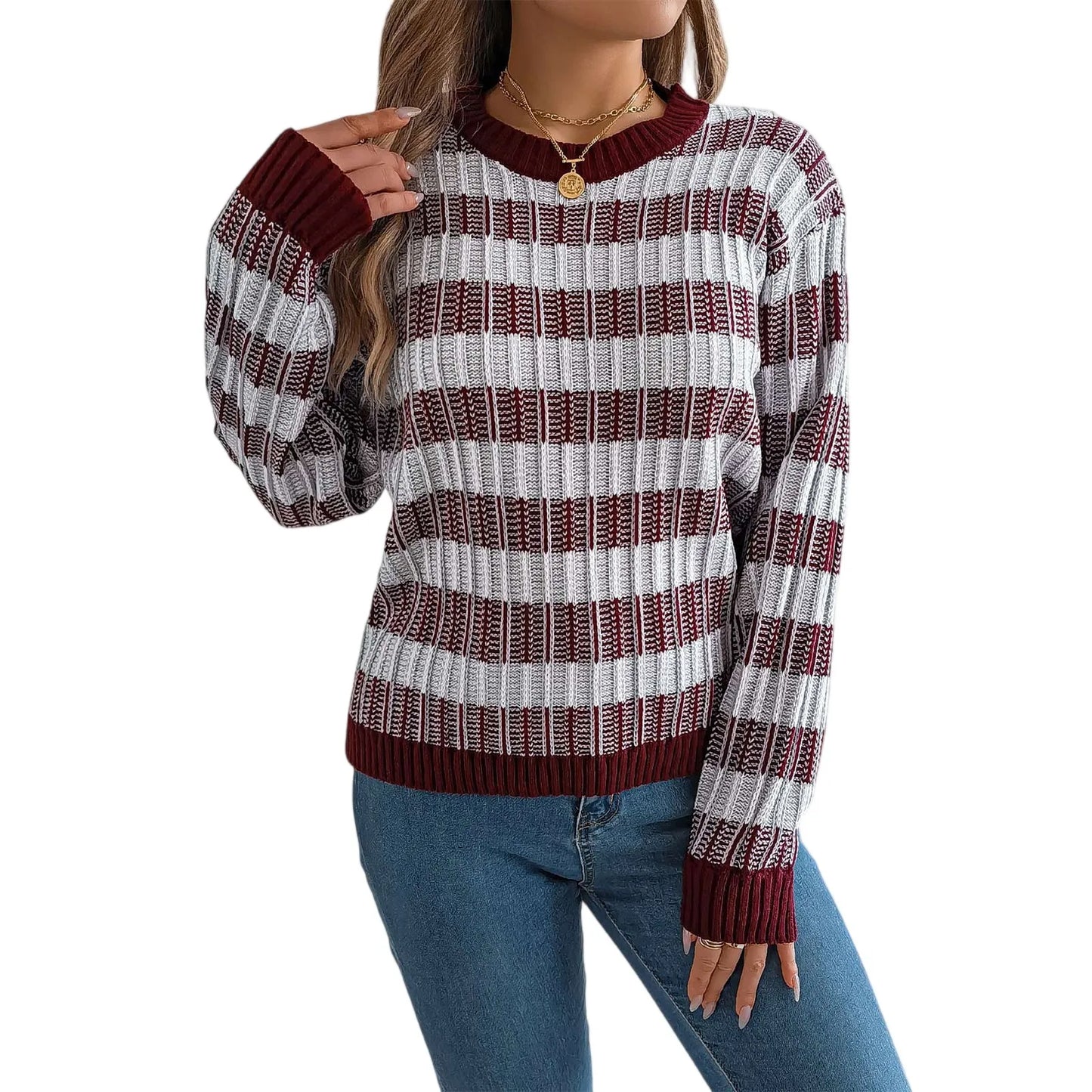Sweater For Woman Women'S Round Neck Vintage Striped Long Sleeve Pullover Sweater Ropa De Mujer Winter Clothes Woman New