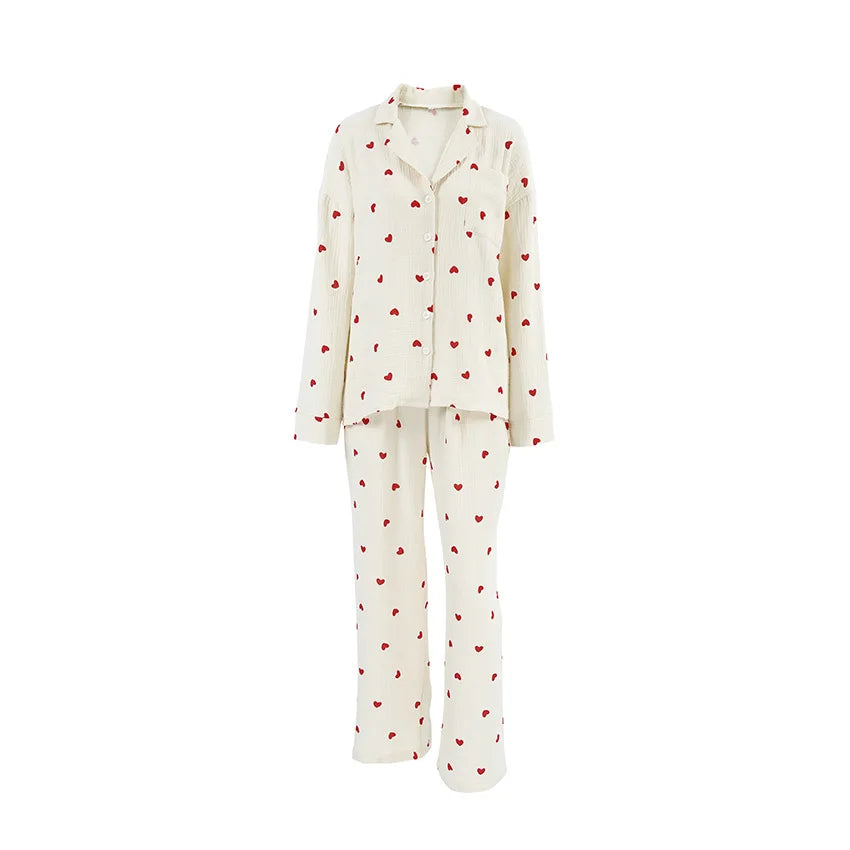 New Love Heart Print Pyjama 100% Cotton Long Sleeve Set 2Pcs Outfit Lapel Sleepwear Button Down Women's Pajamas Nightwear