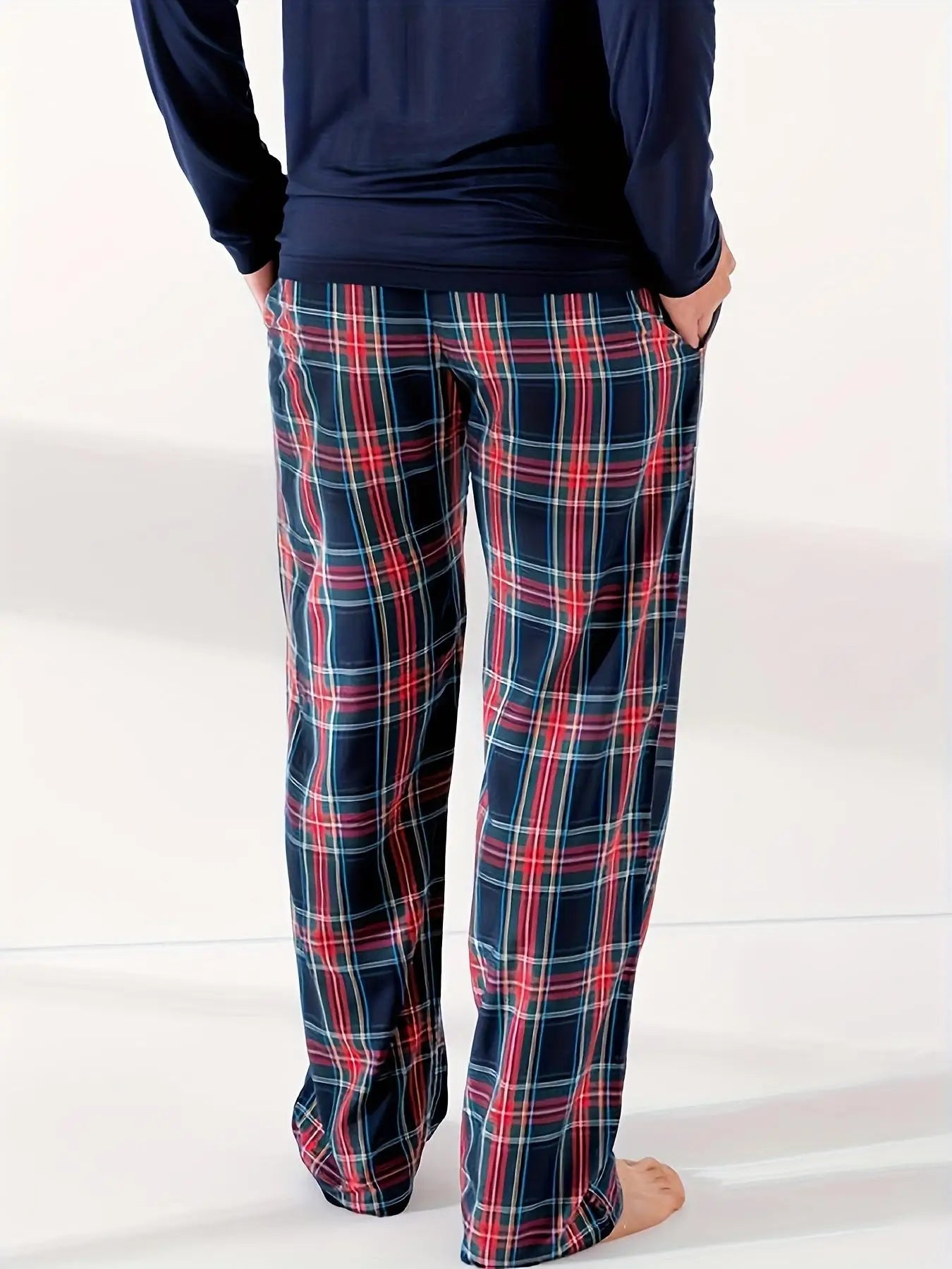 Men's Minimalist Plaid Lounge Pants - Stretchy Elastic Waist Sleepwear with Pockets All-Season Comfort Home Bottoms