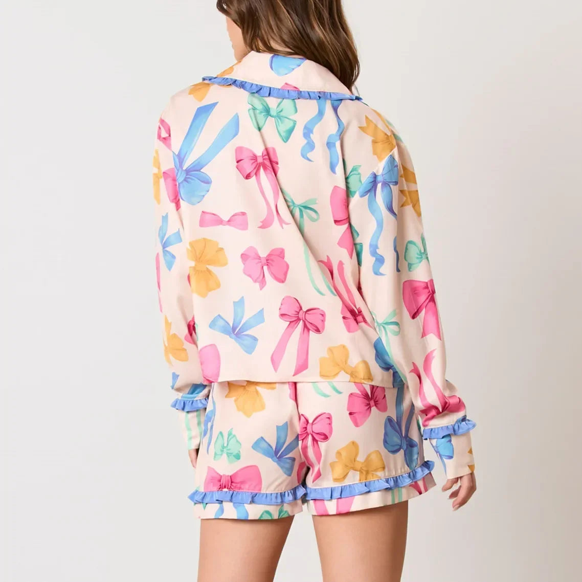Women Cute Christmas Pajamas Silk Satin 2 Piece Xmas Bow Tie Pjs Long Sleeve Shirts and Ruffle Lounge Shorts Pj Set