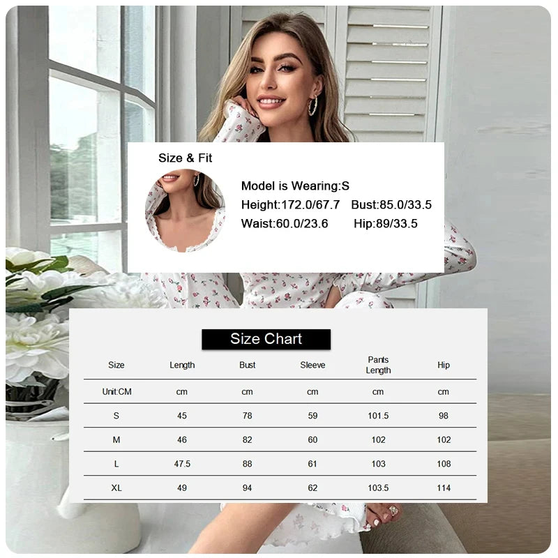 Sleepwear Women Floral Print Lettuce Trim Top with Long Pant Lovely Loungewear Full Sleeve Nightwear Spring Autumn Pajamas Set