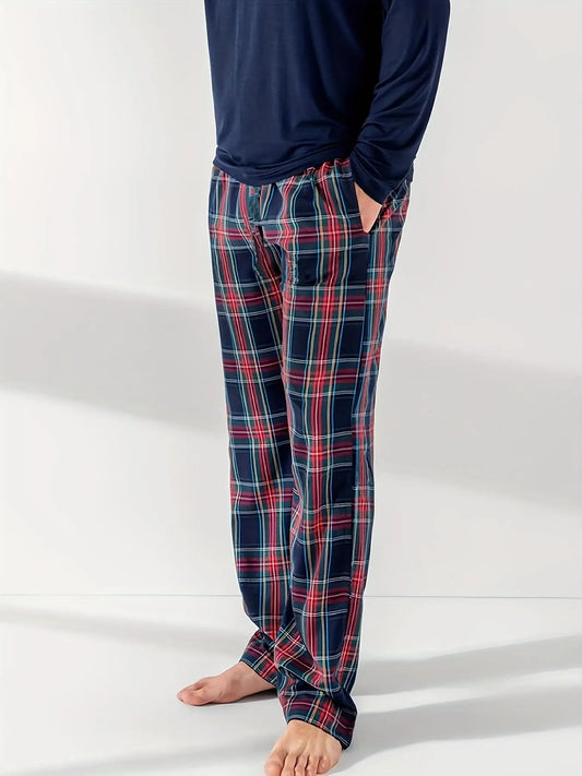 Men's Minimalist Plaid Lounge Pants - Stretchy Elastic Waist Sleepwear with Pockets All-Season Comfort Home Bottoms
