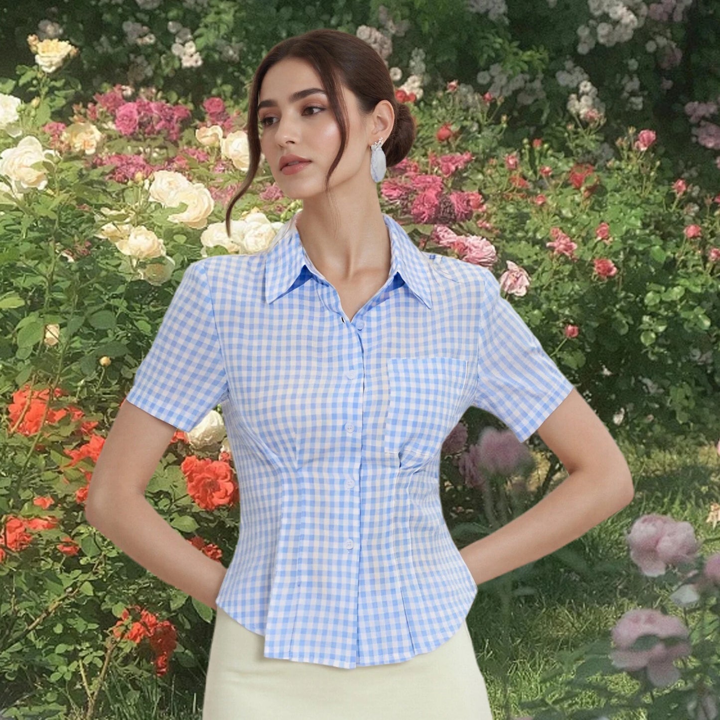 Striped Plaid Print Button Down Shirt with Short Sleeves - Stylish and Casual Top for Women s Streetwear Fashion Collection