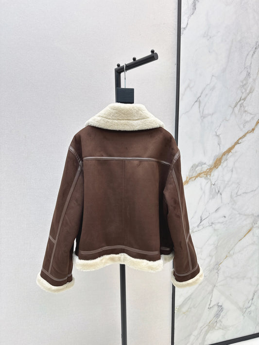 2025 Autumn/Winter Women's Synthetic Fur Integrated Chocolate Colored Jacket with a Suede Collar Classic H-shaped Fashion 461