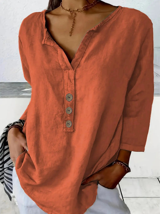 Women's Three Quarter Sleeve T-Shirt V Neck Button Up Basic Solid Color Pullover Shirt Loose