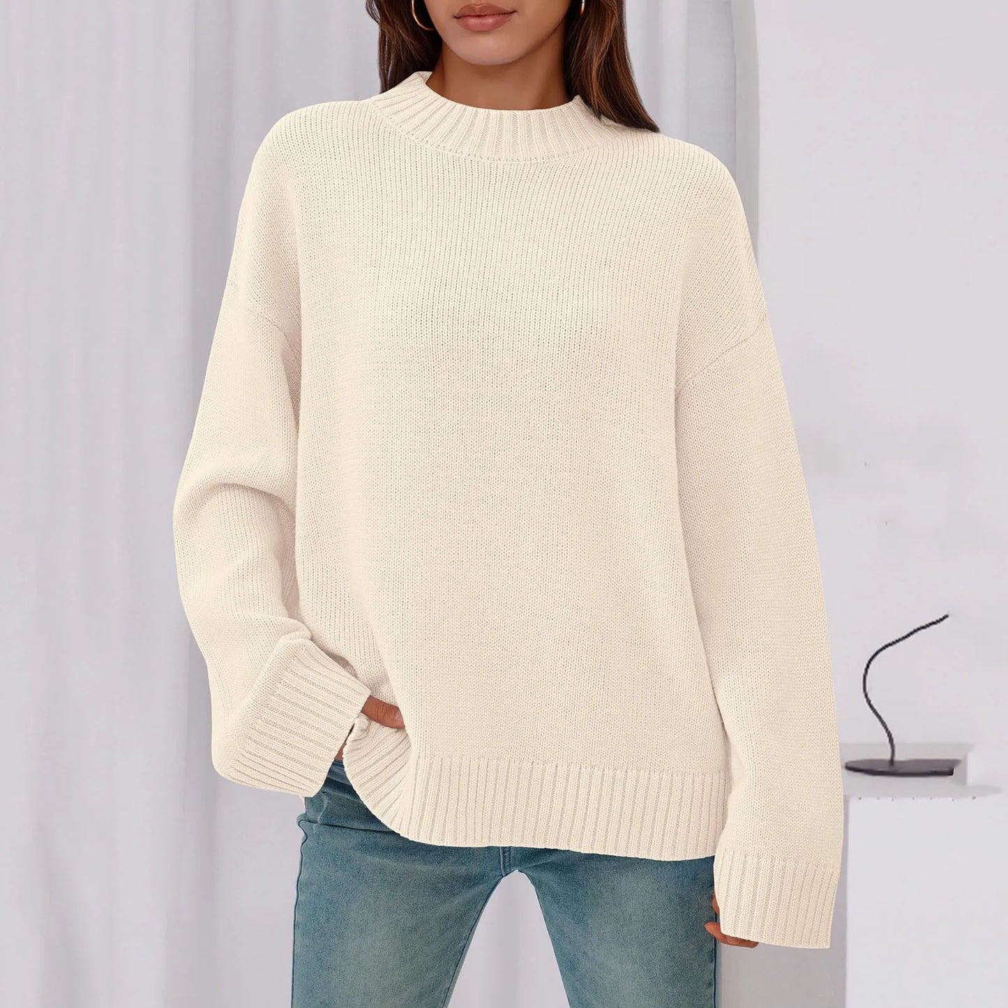 Womens Loose Round Neck Solid Color Bell Sleeve Long Sleeve Knitted Sweater Top Ropa De Mujer Sweater De Mujer Pull Femme