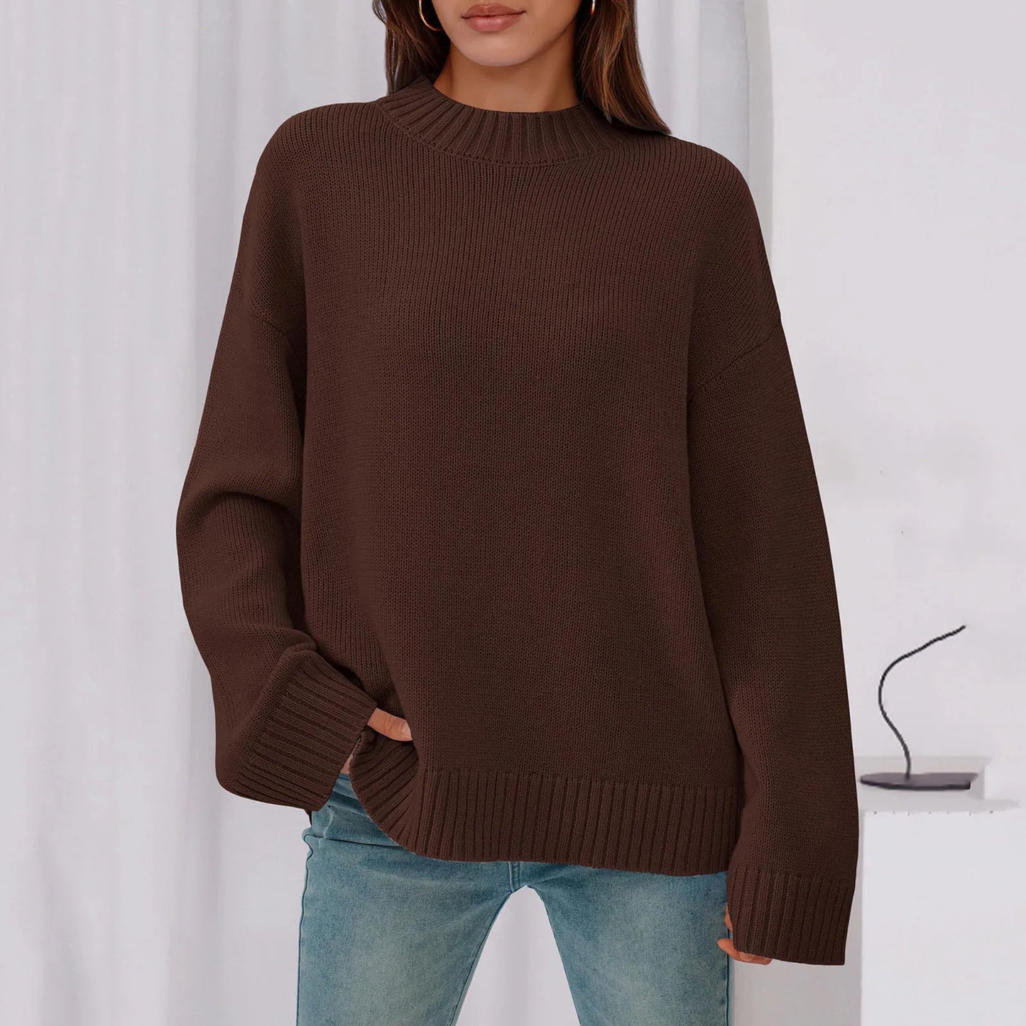 Womens Loose Round Neck Solid Color Bell Sleeve Long Sleeve Knitted Sweater Top Ropa De Mujer Sweater De Mujer Pull Femme