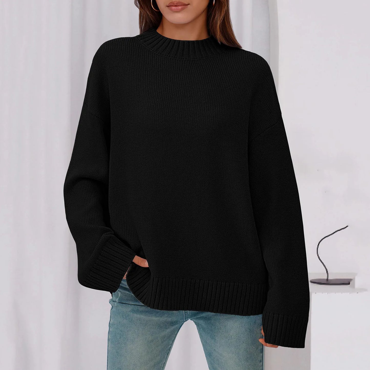 Womens Loose Round Neck Solid Color Bell Sleeve Long Sleeve Knitted Sweater Top Ropa De Mujer Sweater De Mujer Pull Femme