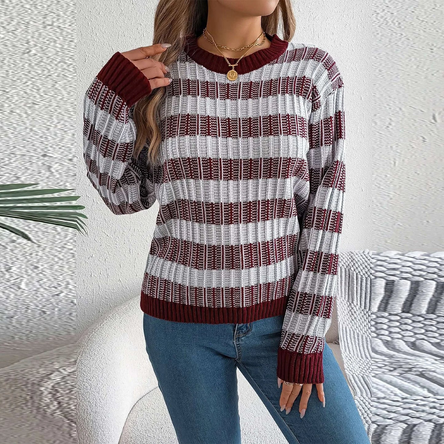 Sweater For Woman Women'S Round Neck Vintage Striped  Long Sleeve Pullover Sweater Ropa De Mujer Winter Clothes Woman New